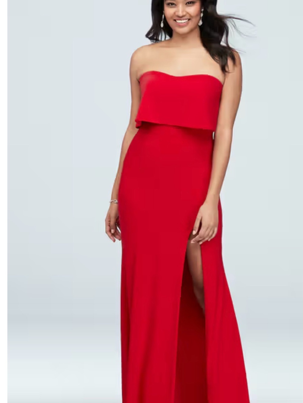 Xscape Strapless Red Column Gown with High Slit